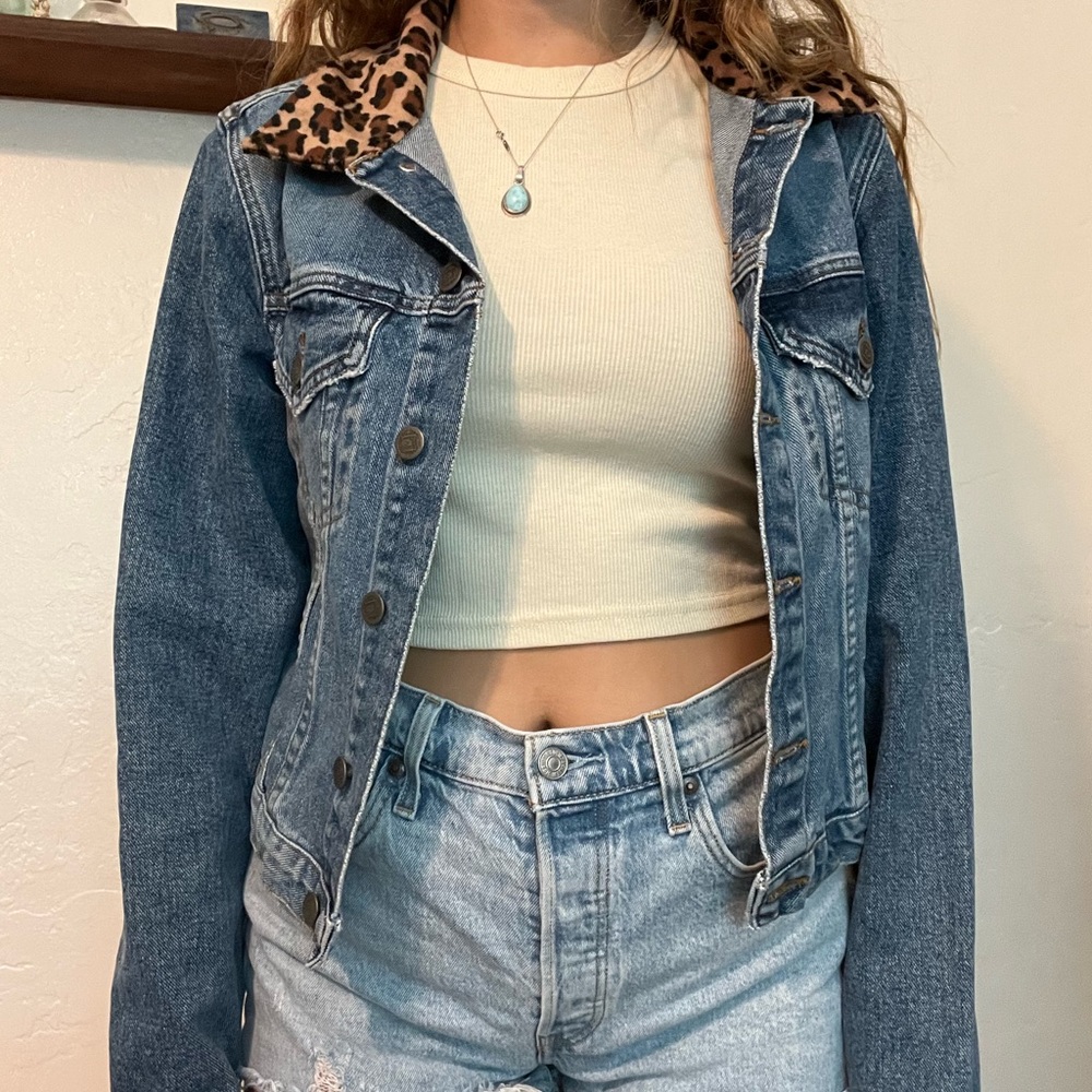 vintage jean jacket with animal print collar